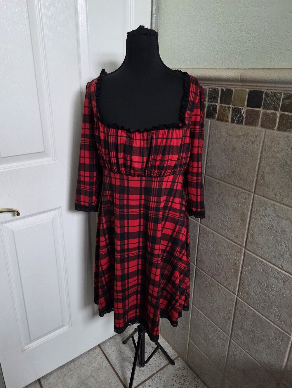 Wax Poetic Clothing Red & Black Plaid Mini Dress Lace Trim Whimsigoth Punk XL
